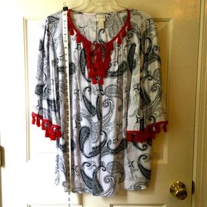 Chicos 3/4 bell sleeve top, Pom Pom tassels size 2 12